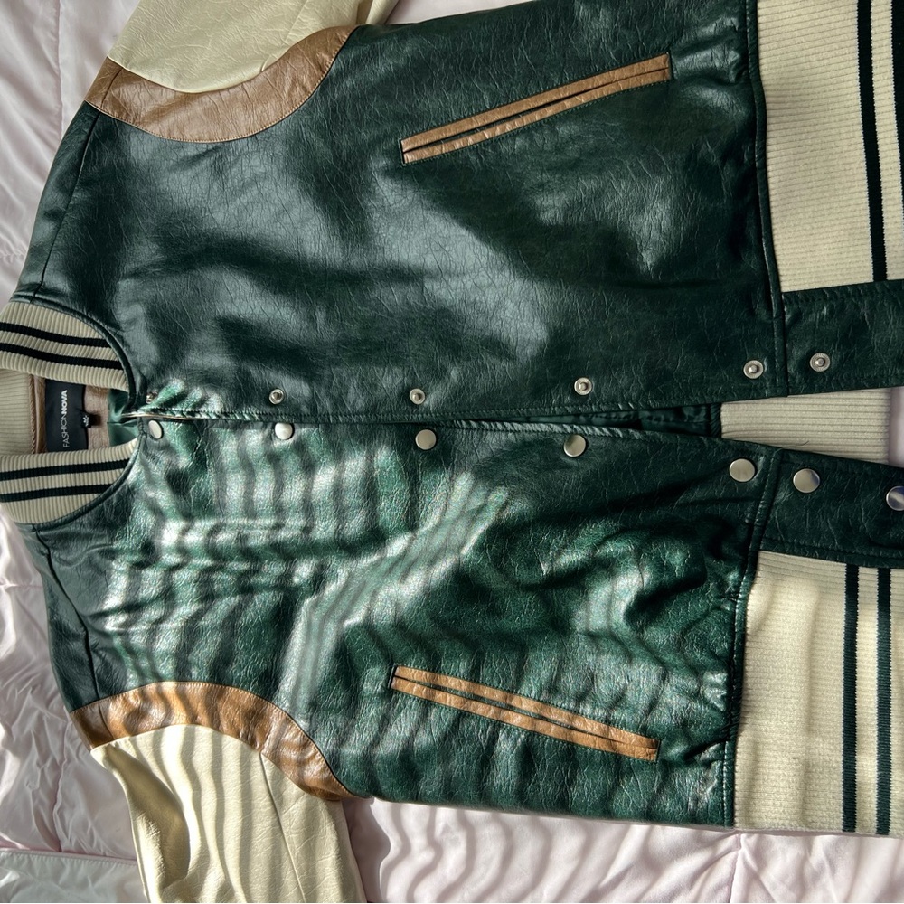 Fashion Nova Dark Green and Cream Faux Leather Varsity Jacket with Brown Accents